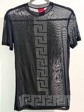 Black Sheer Mesh Rhinestone Top Women’s M Geometric Studded Layering Tee